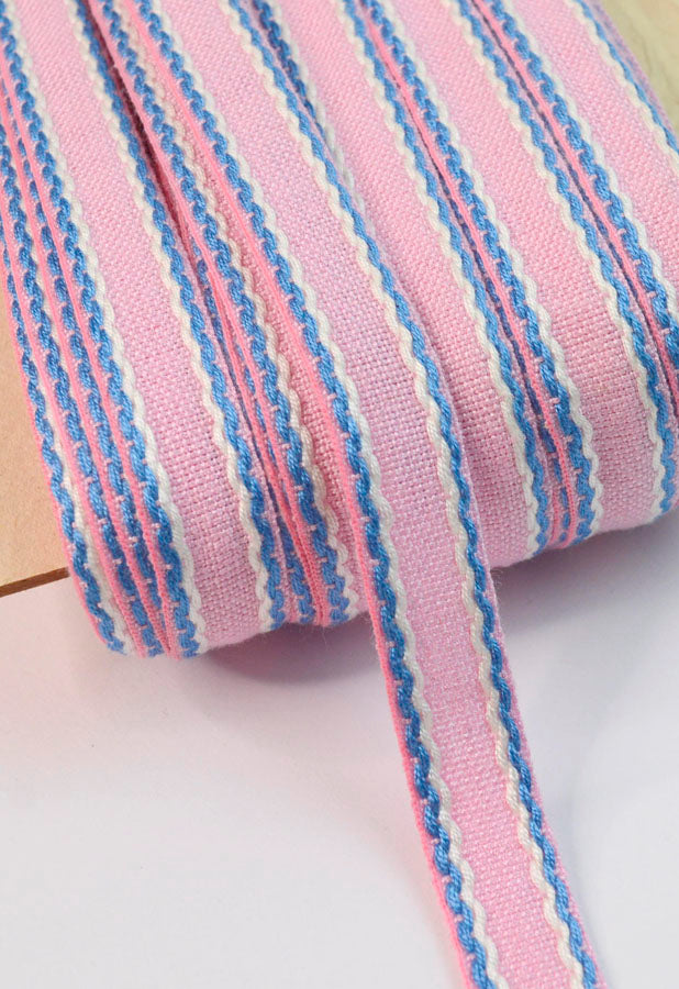 15mm Stitched Edge Braid Cotton Tape Pink Blue White Crafting Haberdashery Cud