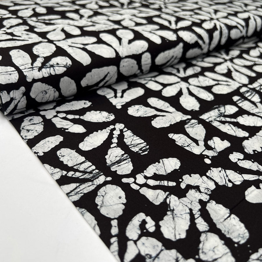 Batik Floral Silhouette Cotton Black White Hand Printed Abstract Woven Dress Fabric Bolt