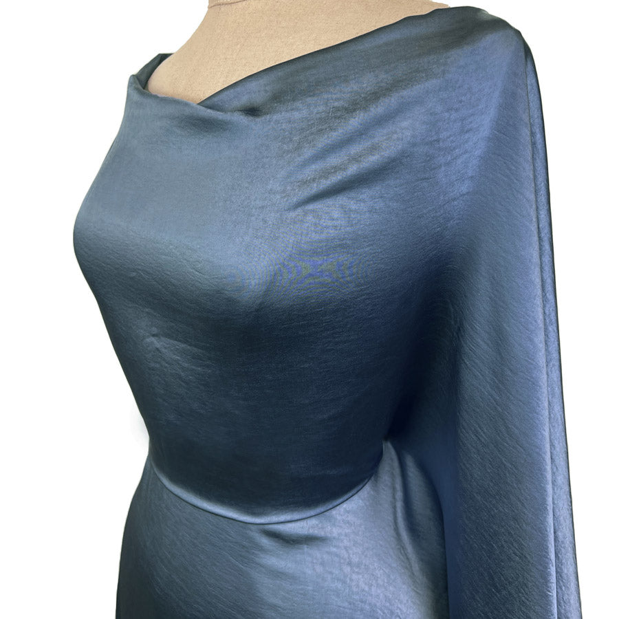 Bella Satin Stretch Petrol Blue Polyester Elastane Smooth Dressmaking Fabric Side