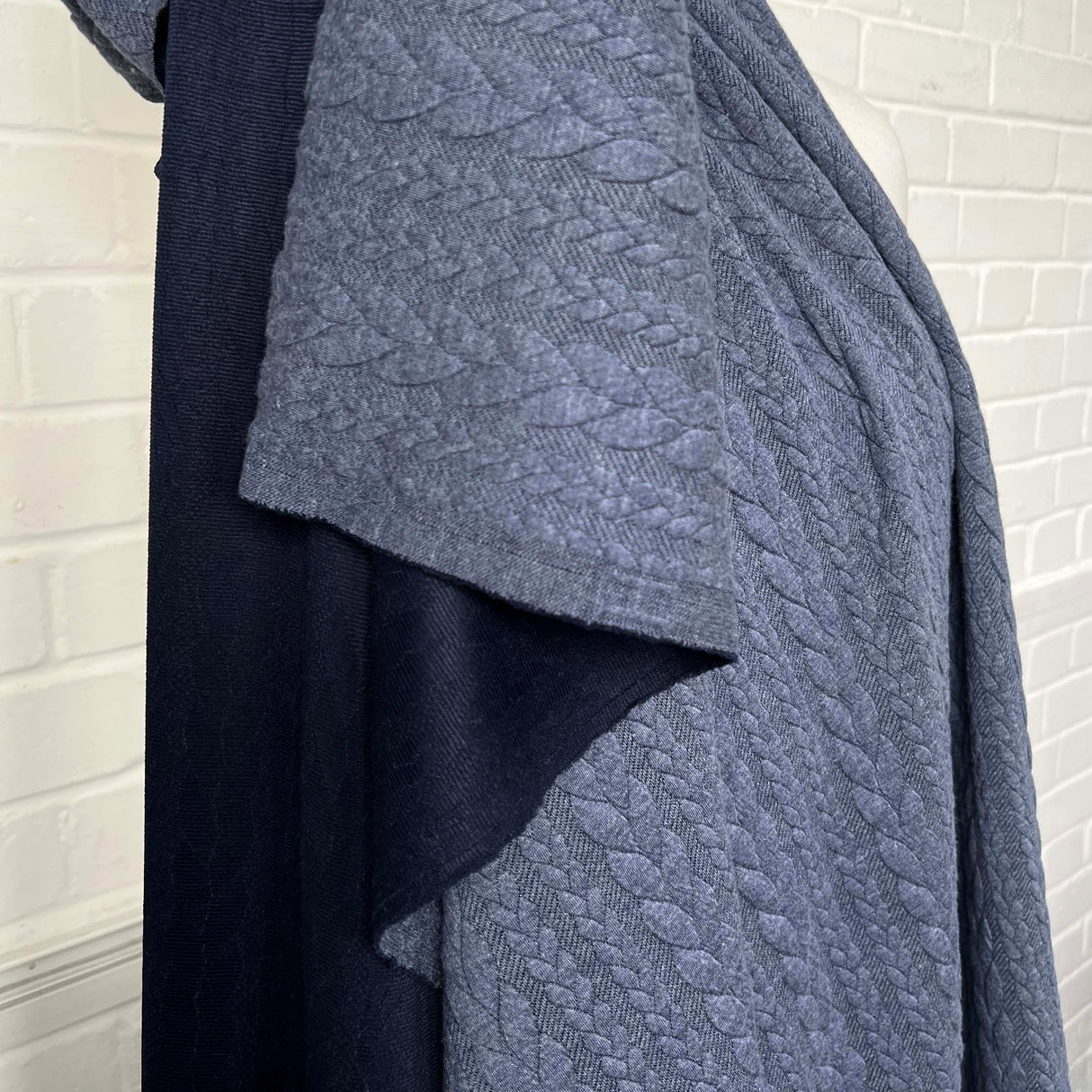 Cable Jersey Blue Marl Polyester Viscose Elastane Rope Double Knit Fabric Hang