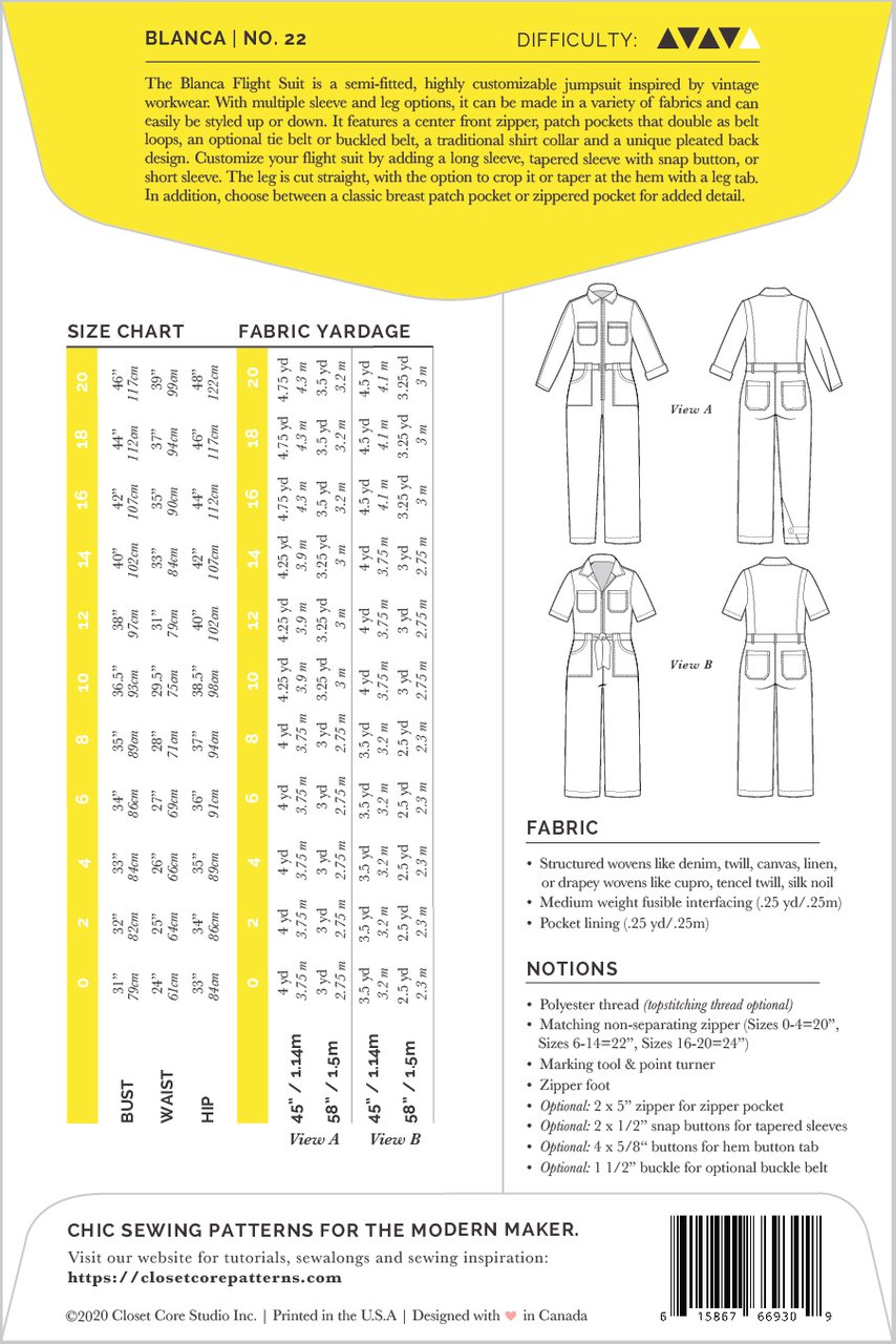 Closet Core Blanca Flightsuit Pattern backcover