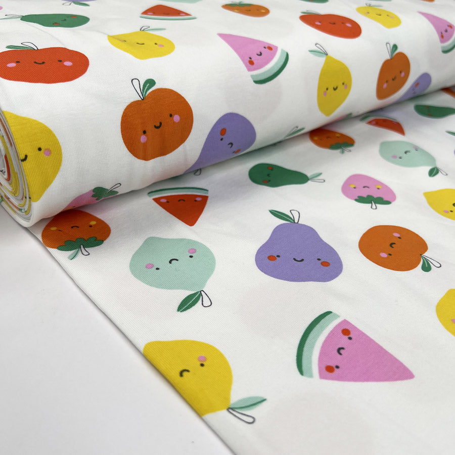 Cotton Jersey Fruity Friends Off White Yellow Pink Food Print Elastane Knit Fabric Bolt