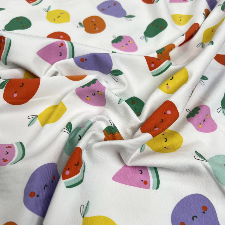 Cotton Jersey Fruity Friends Off White Yellow Pink Food Print Elastane Knit Fabric CU