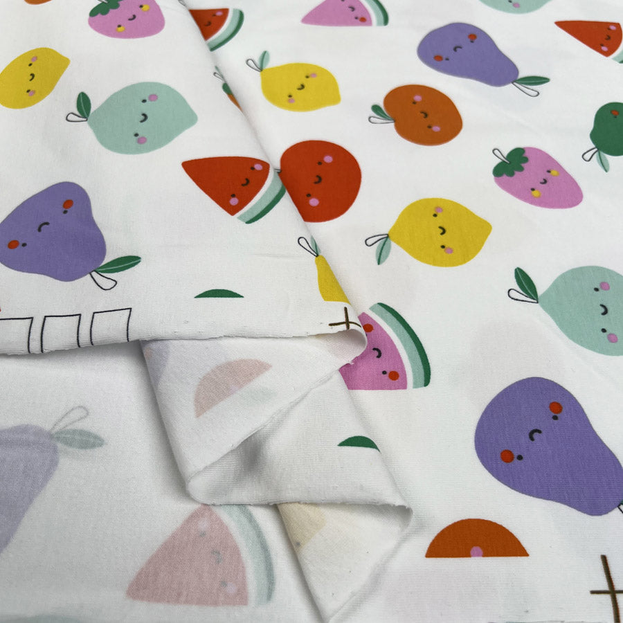 Cotton Jersey Fruity Friends Off White Yellow Pink Food Print Elastane Knit Fabric Fold