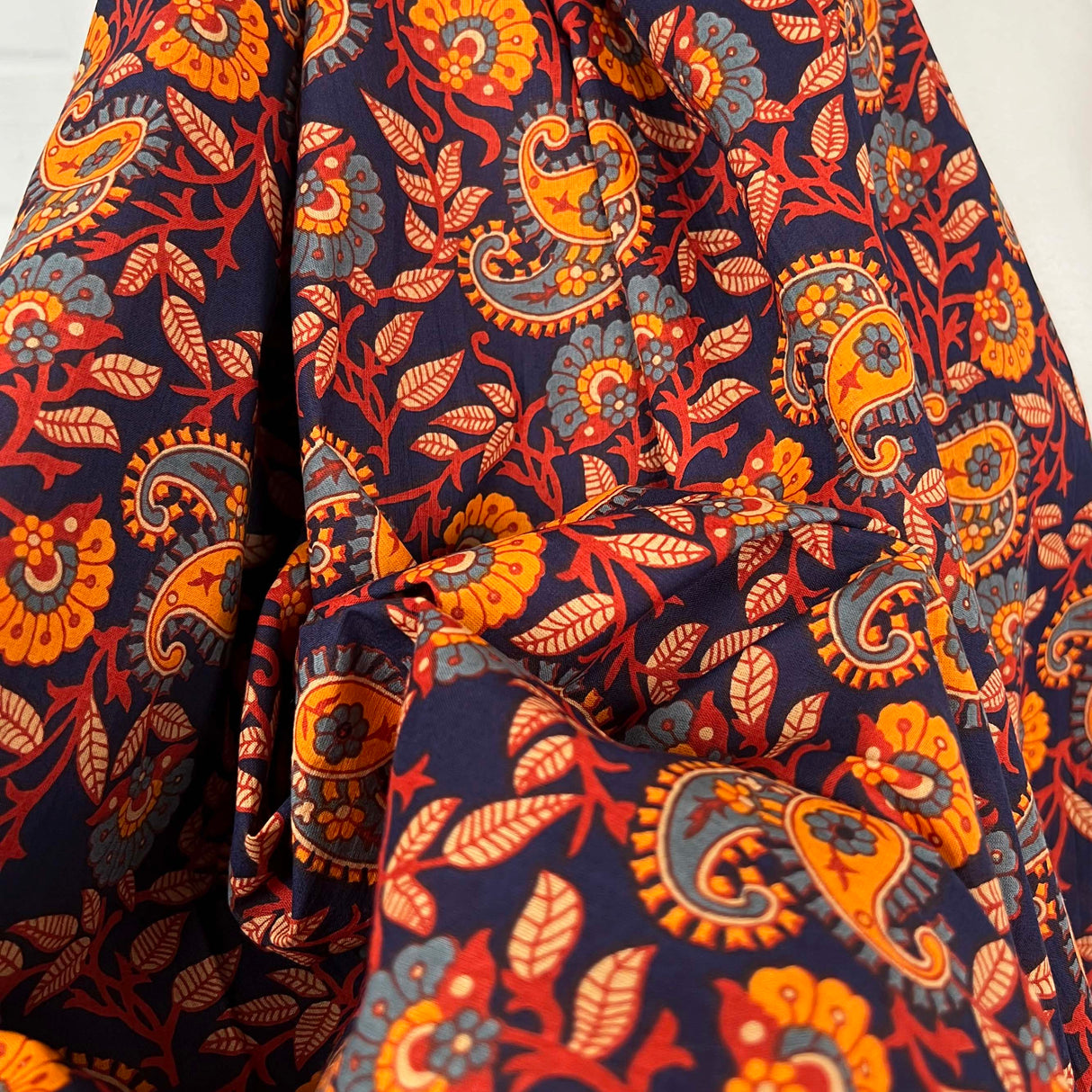 Cotton Voile Myra Navy Floral Abstract Batik Printed Oeko Tex Fabric Close up