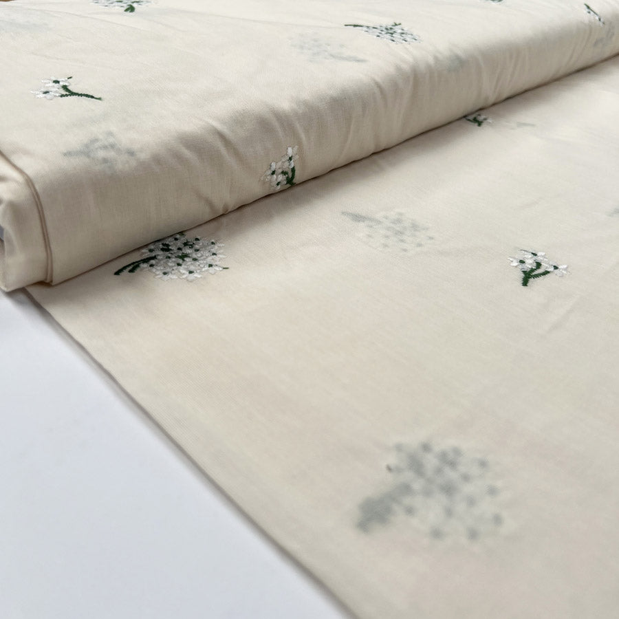 Embroidered Cotton Elsy Floral Natural White Green Woven Dress Fabric Bolt