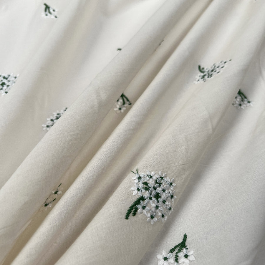 Embroidered Cotton Elsy Floral Natural White Green Woven Dress Fabric CU
