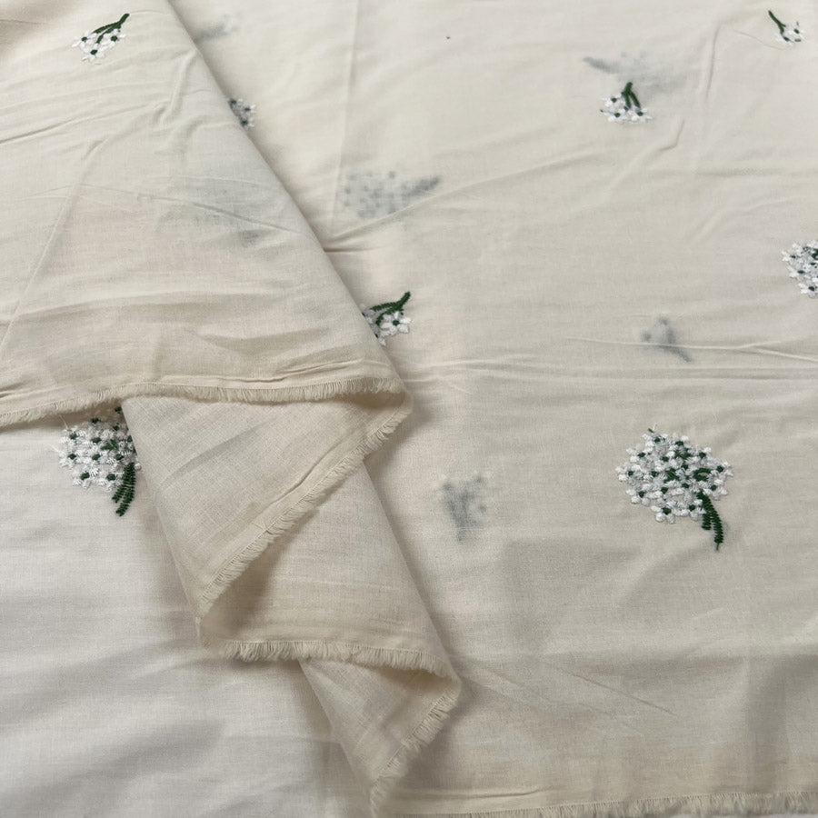 Embroidered Cotton Elsy Floral Natural White Green Woven Dress Fabric Fold