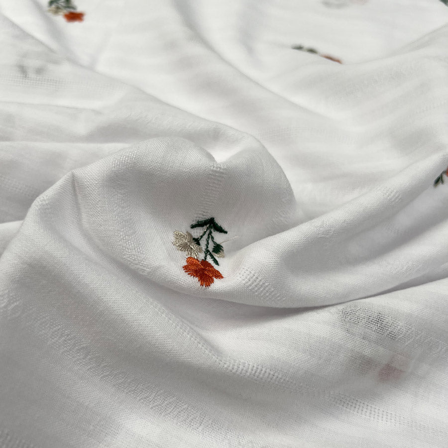 Embroidered Cotton Stripe Orange Floral White Woven Summer Dress Fabric CU