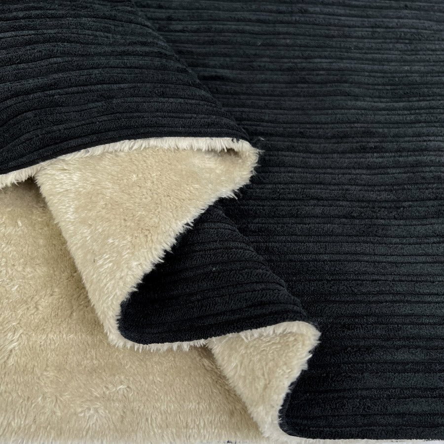 Fur Lined Corduroy Black II Polyester Polyamide Heavy Bonded Jumbo Coating Fabric Fold