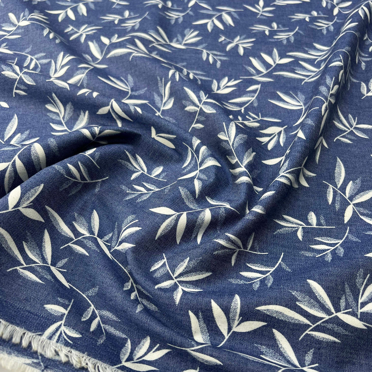 Heavenly Olive Leaf Cotton Denim Chambray Blue White Leaf Print Lightweight Woven Dress Fabric CU