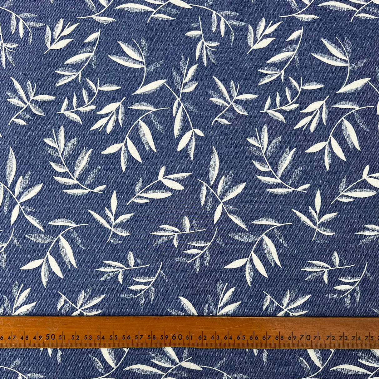Heavenly Olive Leaf Cotton Denim Chambray Blue White Leaf Print Lightweight Woven Dress Fabric Ruler