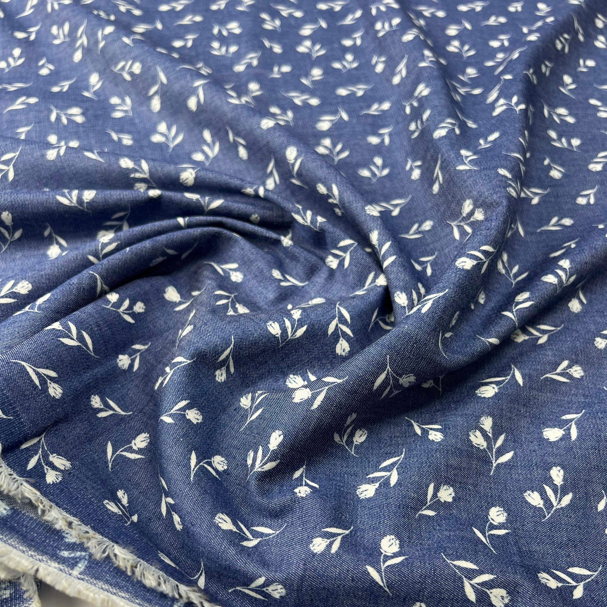 Heavenly Sprigs Cotton Denim Chambray Blue White Floral Print Lightweight Woven Dress Fabric CU