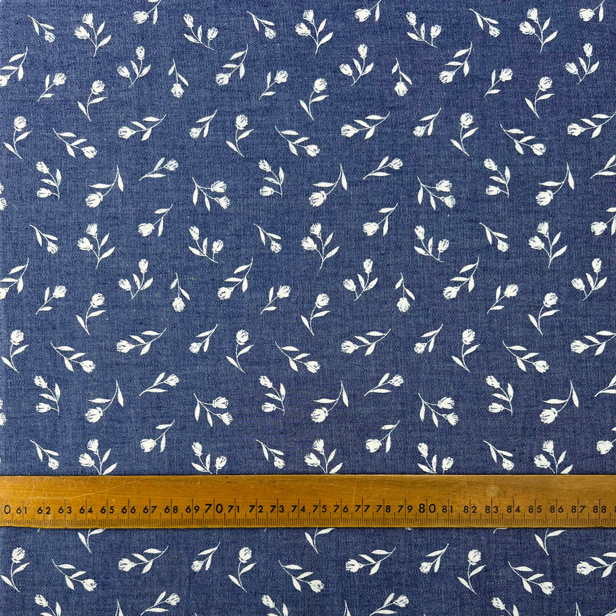 Heavenly Sprigs Cotton Denim Chambray Blue White Floral Print Lightweight Woven Dress Fabric Ruler