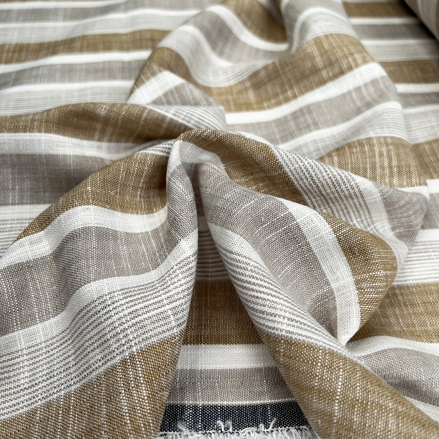 Linen Mix Sand Stripe Viscose White Brown Woven Dress Fabric CU