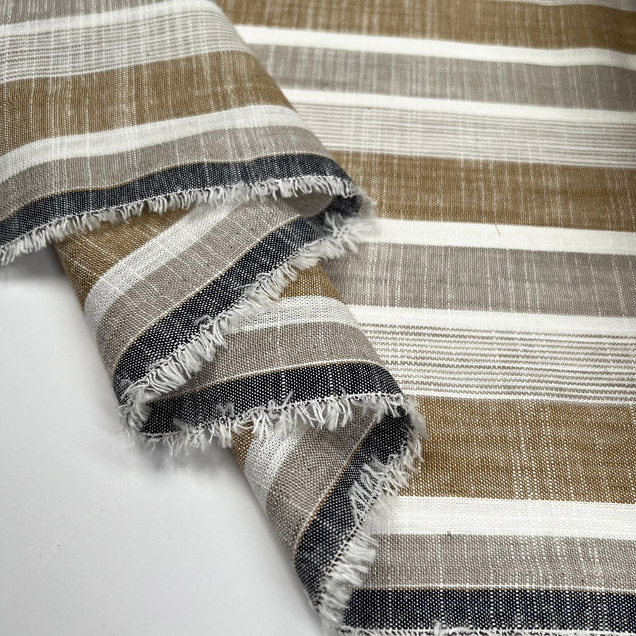 Linen Mix Sand Stripe Viscose White Brown Woven Dress Fabric Fold