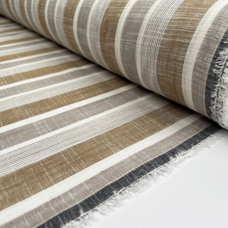 Linen Mix Sand Stripe Viscose White Brown Woven Dress Fabric Roll