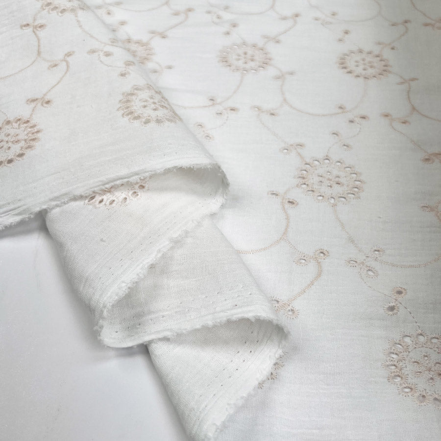 Milano Embroidered Double Gauze Pink Cream Ex Designer Italian Cotton Dress Fabric Fold