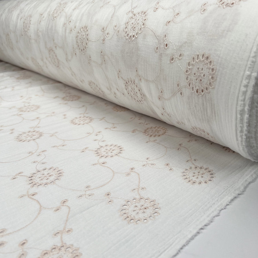Milano Embroidered Double Gauze Pink Cream Ex Designer Italian Cotton Dress Fabric Roll
