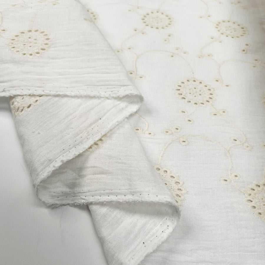 Milano Embroidered Double Gauze Yellow Cream Ex Designer Italian Cotton Dress Fabric Fold