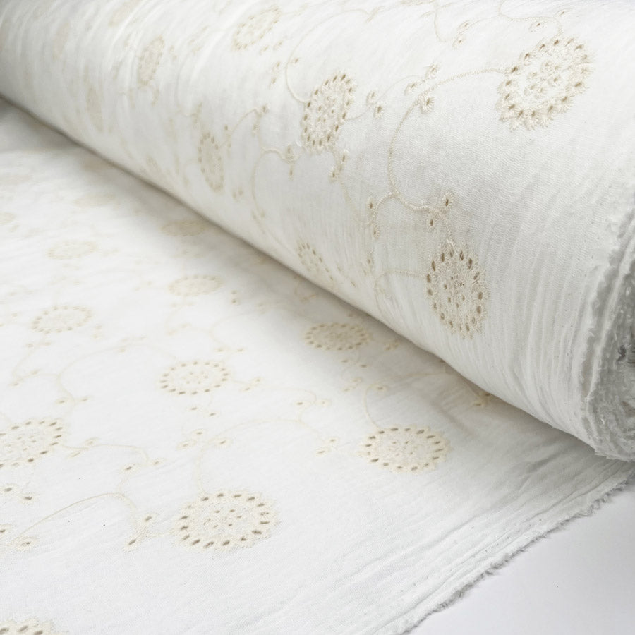 Milano Embroidered Double Gauze Yellow Cream Ex Designer Italian Cotton Dress Fabric Roll