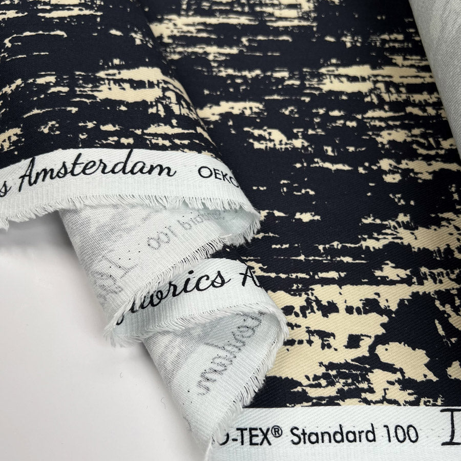 Mottle Twill Cotton Abstract Navy Cream Oeko Tex Trouser Fabric Fold