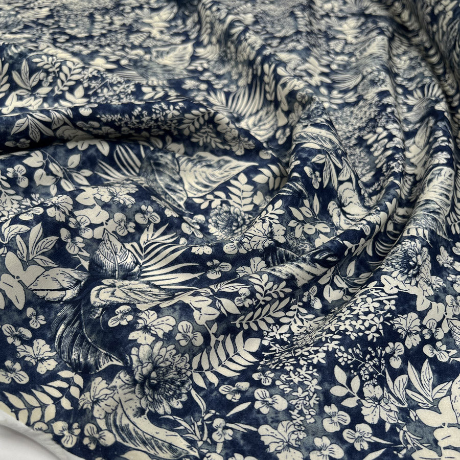 PCL Pima Cotton Lawn Inky Floral Navy Cream Leaf Print Woven Dress Fabric CU