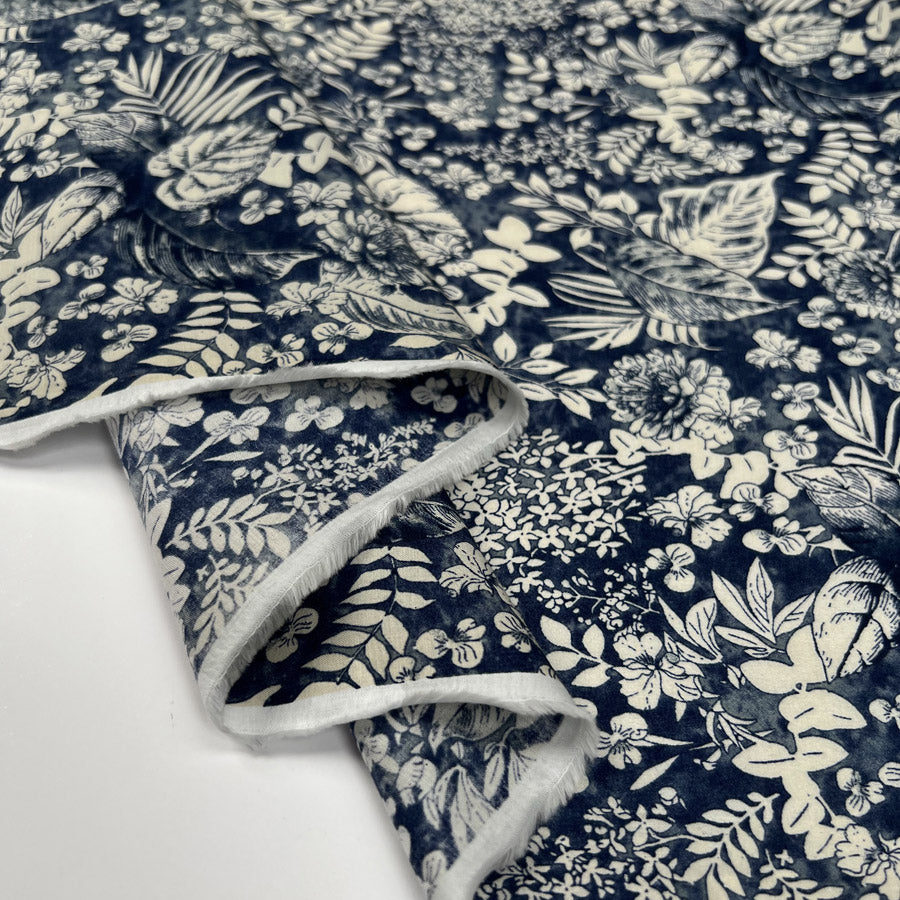 PCL Pima Cotton Lawn Inky Floral Navy Cream Leaf Print Woven Dress Fabric Fold