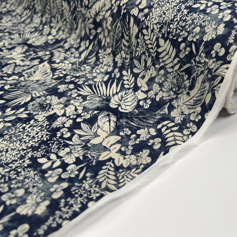 PCL Pima Cotton Lawn Inky Floral Navy Cream Leaf Print Woven Dress Fabric Roll