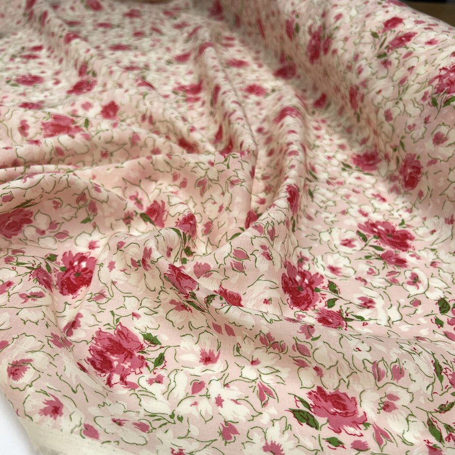 Painterly Cotton Pink Floral Deadstock Cream Woven Dress Fabric CU