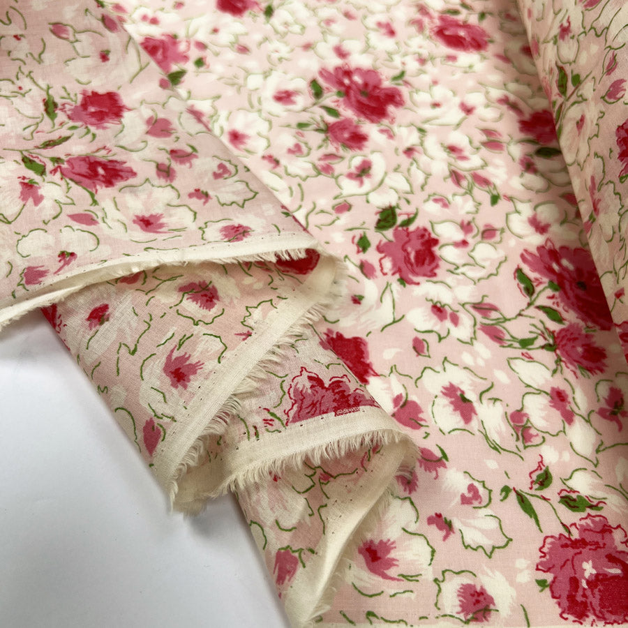 Painterly Cotton Pink Floral Deadstock Cream Woven Dress Fabric Fold