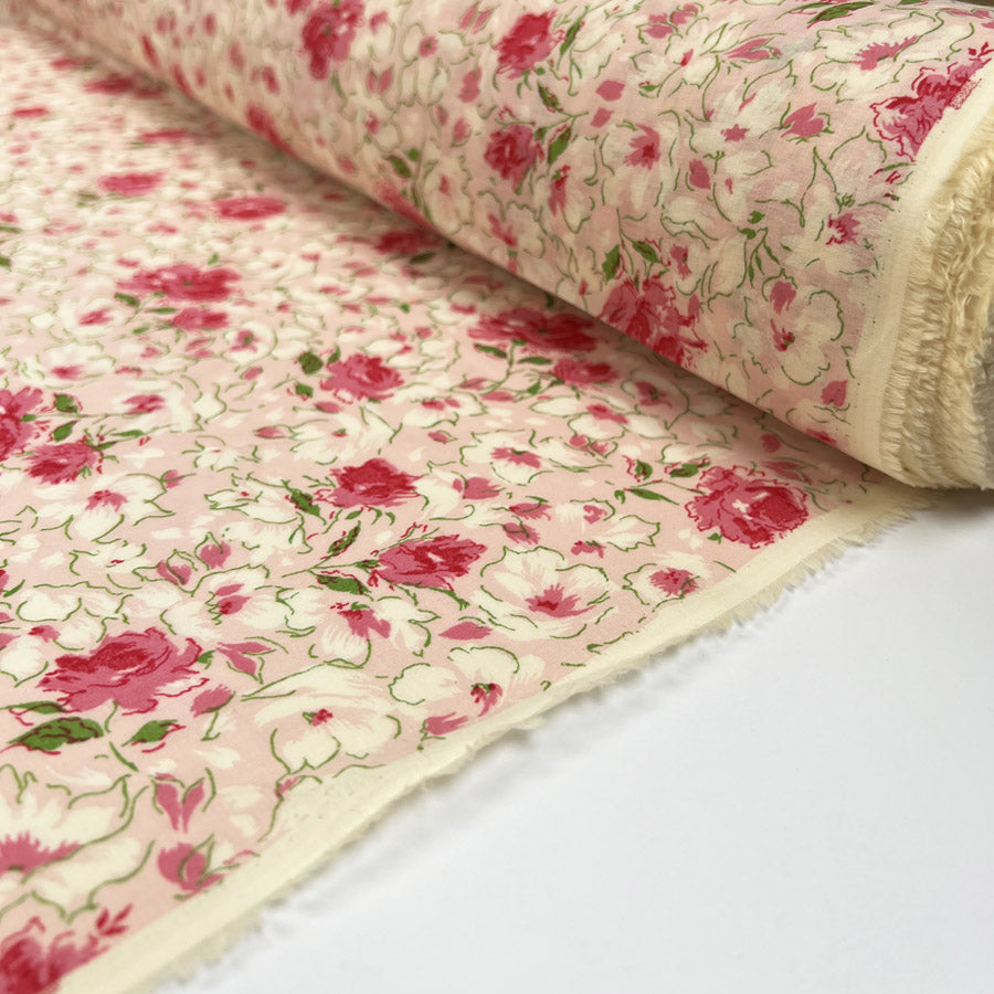 Painterly Cotton Pink Floral Deadstock Cream Woven Dress Fabric Roll