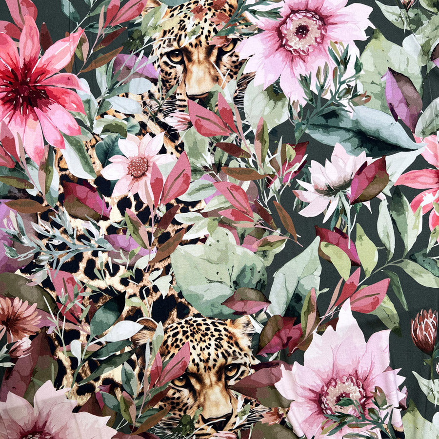 Stof Viscose Jersey Wild Eden Green Pink Floral Cheetah Bold Abstract Print Knit Elastane Fabric CU