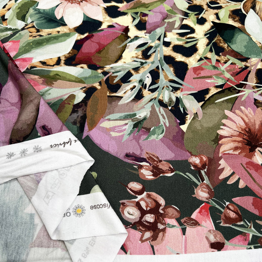 Stof Viscose Jersey Wild Eden Green Pink Floral Cheetah Bold Abstract Print Knit Elastane Fabric Fold