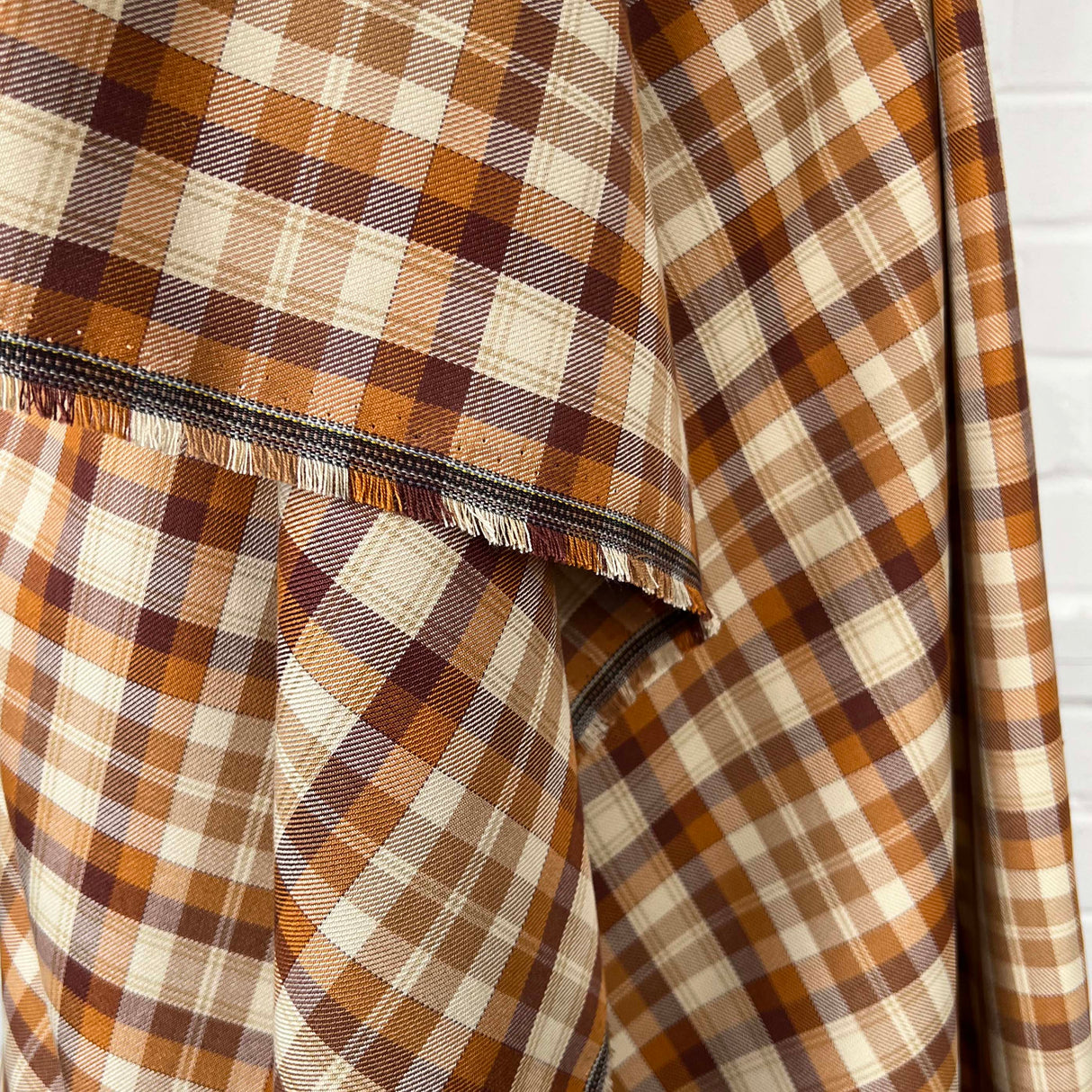Tartan Lachlan Polyester Viscose Caramel Rust Orange Check Dress Fabric Hang