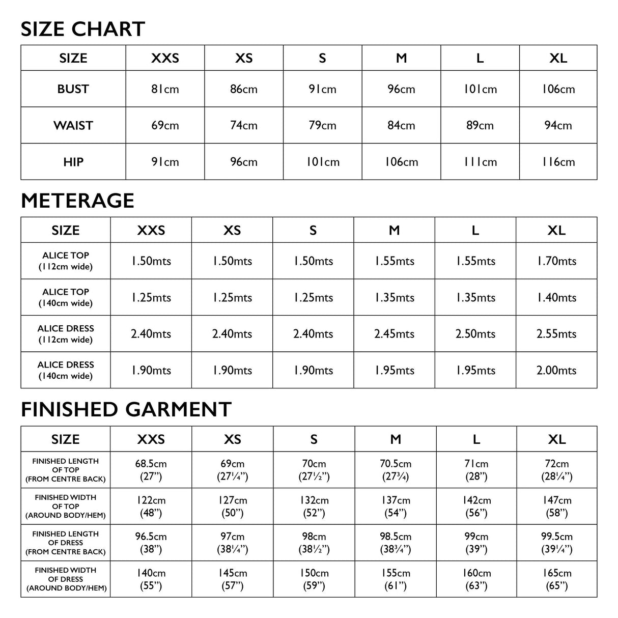 Alice Top Dress Size Chart