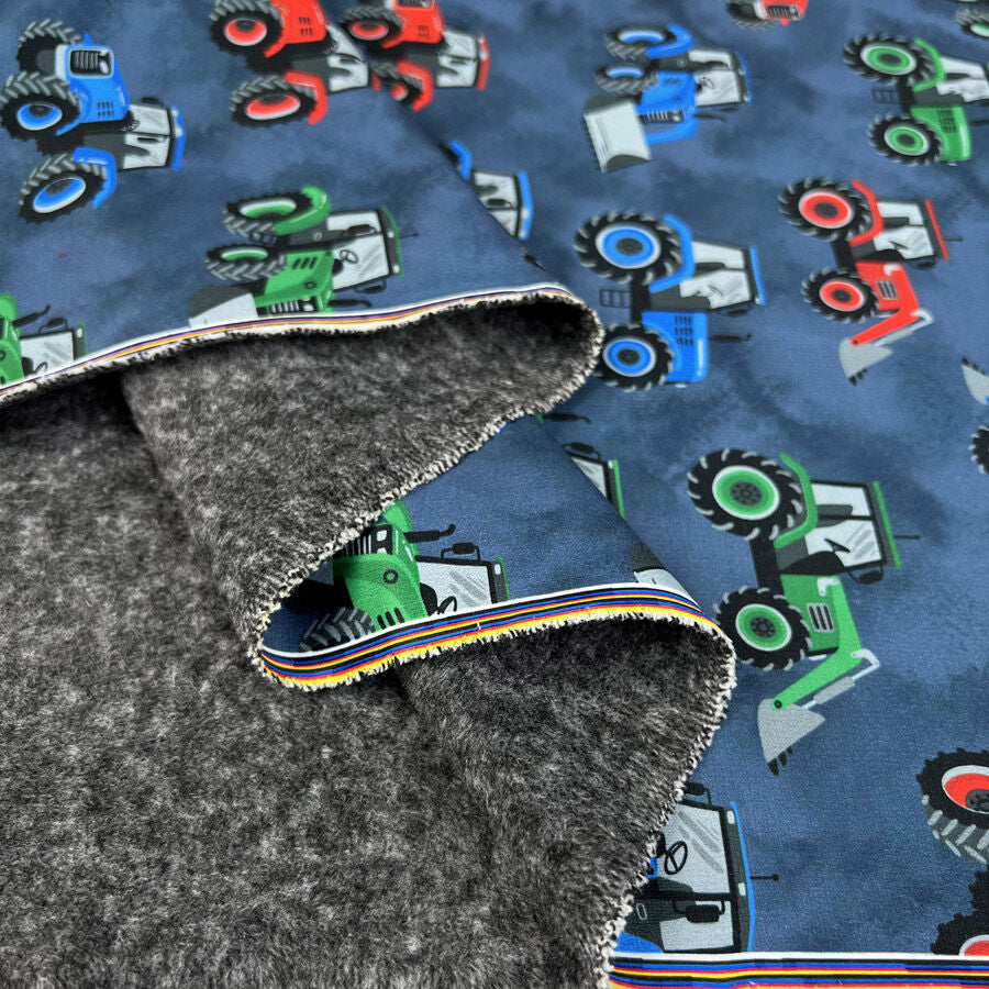 Alpine Fleece Tractors Blue Polyester Cotton Spandex Fleece Sweatshirt Knit Jersey Fabric Fold
