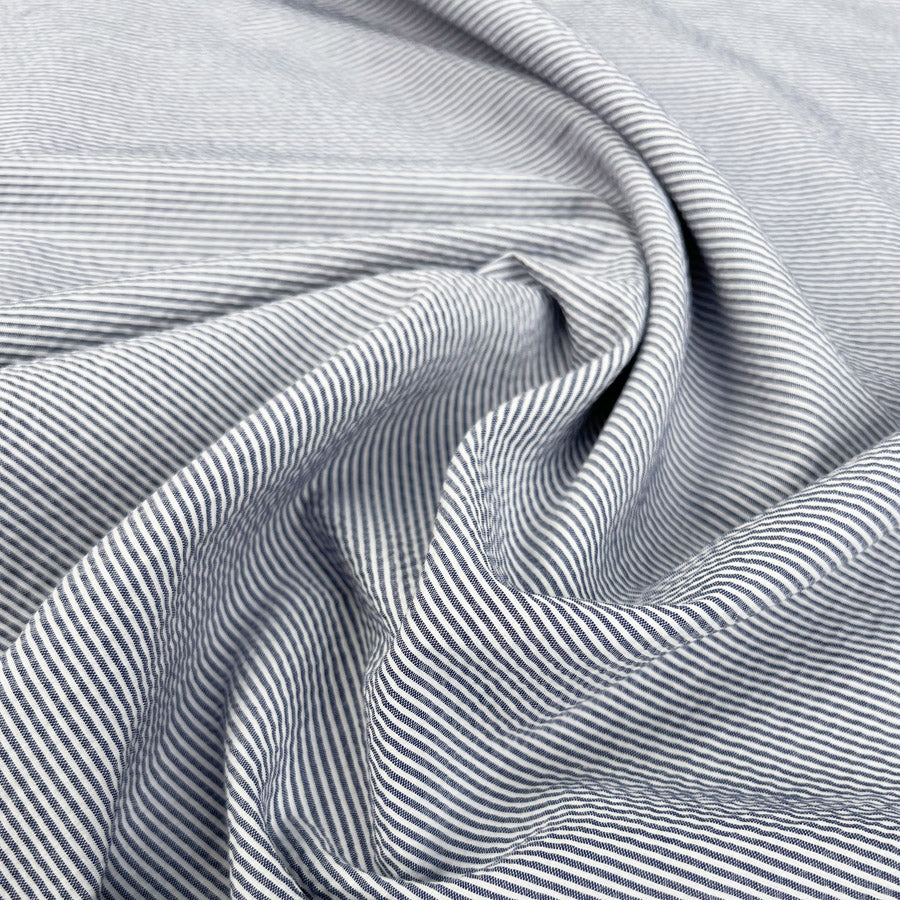 Austrian Seersucker Navy Stripe White Cotton Woven Dress Fabric