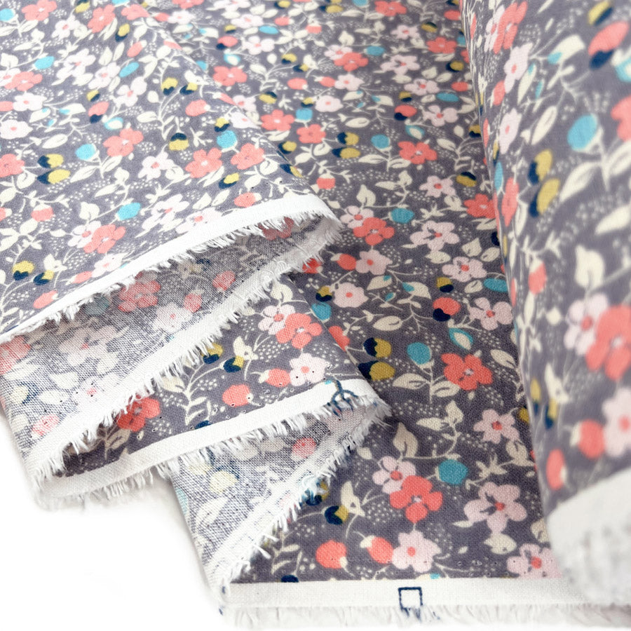 Autumnal Equinox Pastel Floral Grey Cotton Dressmaking Fabric Fold