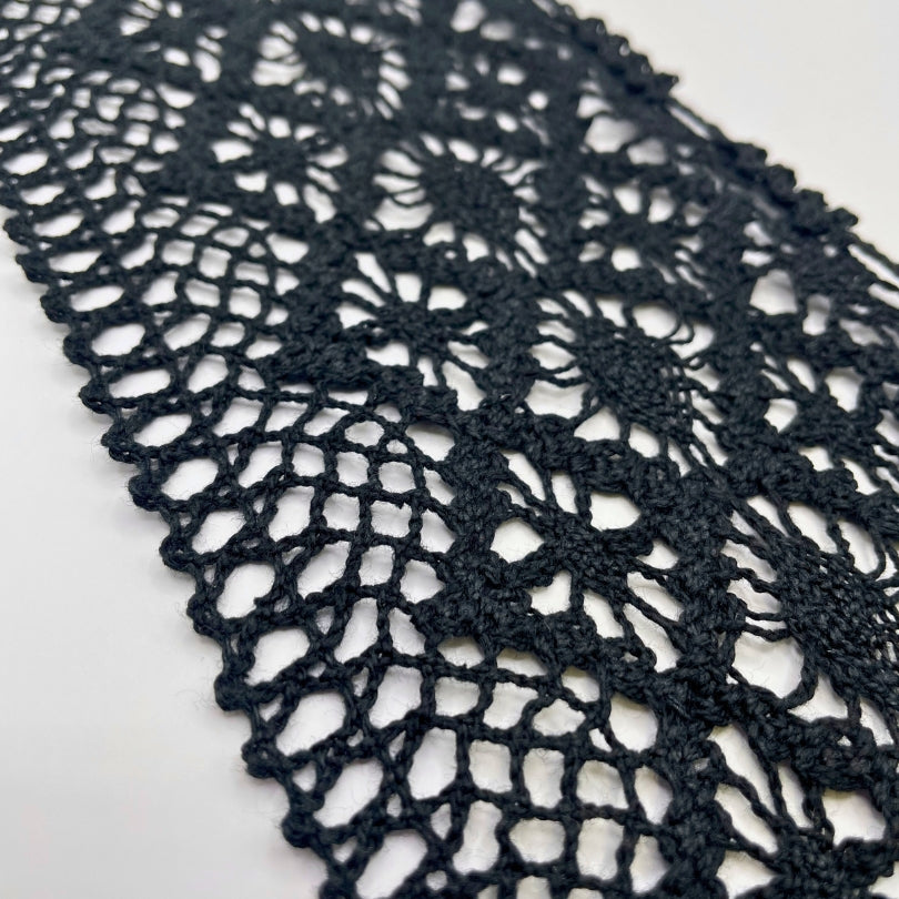 Black Crochet Cotton Lace Scalloped Edge Trim Wide Diamond