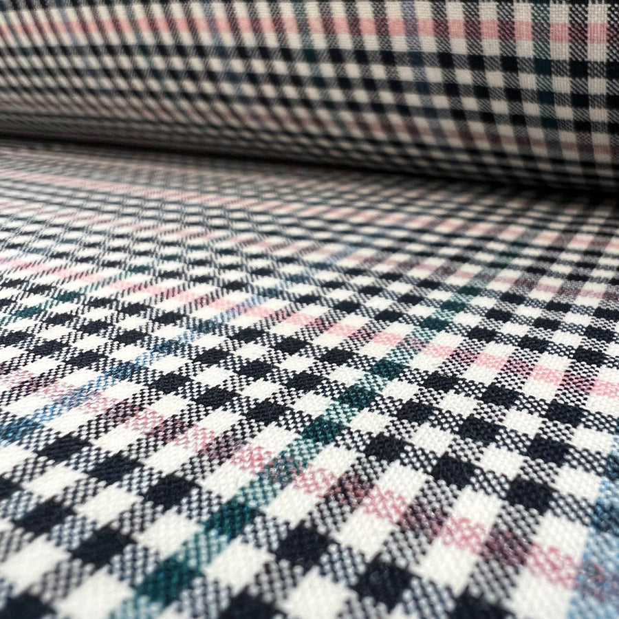Black White Pink Blue Green Check Italian Wool Suiting Well Plaid Cu2