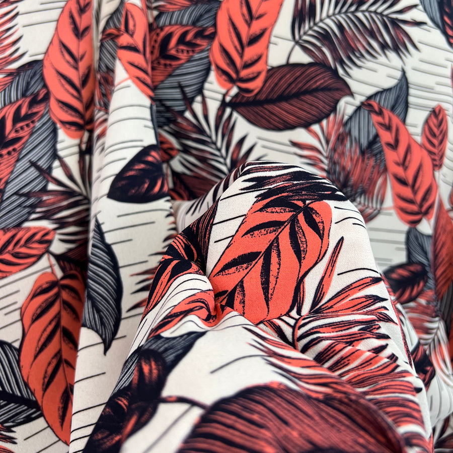 Blossom Breeze White Pink Navy Leaf Printed Polyester Crepe Dress Fabric