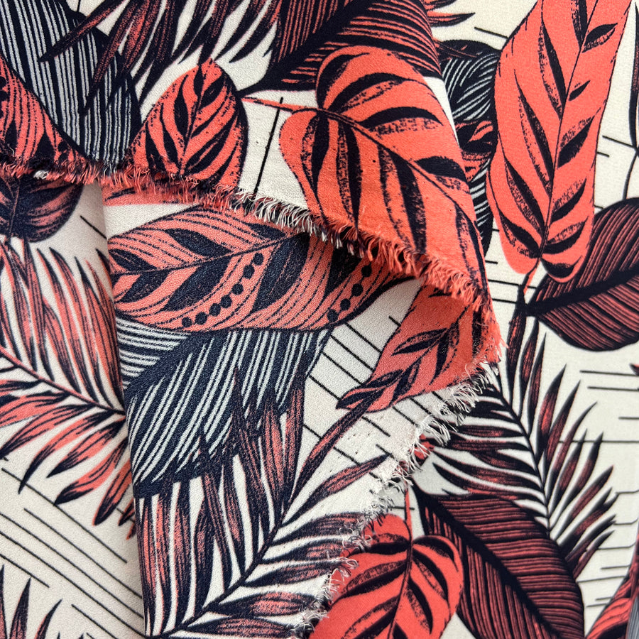 Blossom Breeze White Pink Navy Leaf Printed Polyester Crepe Dress Fabric Drape