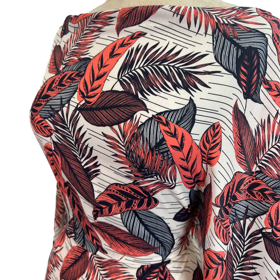 Blossom Breeze White Pink Navy Leaf Printed Polyester Crepe Dress Fabric Side