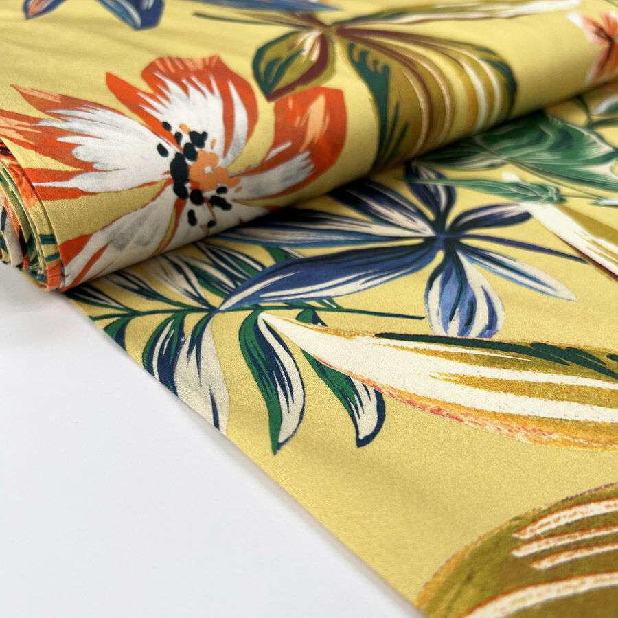 Bordering on cotton elastane mustard yellow large scale floral print satin dress fabric bolt