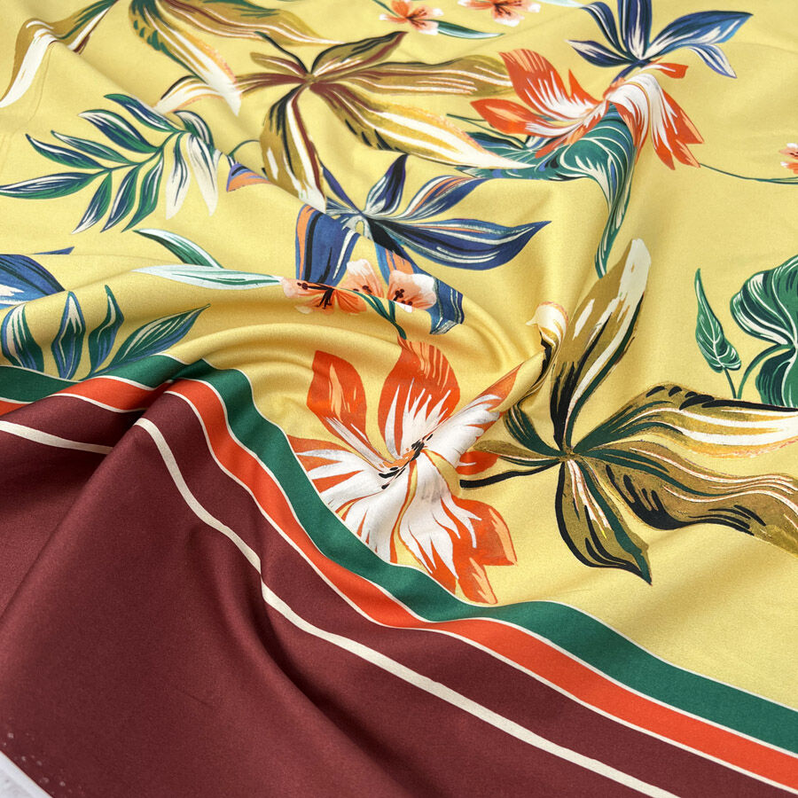 Bordering on cotton elastane mustard yellow large scale floral print satin dress fabric cu