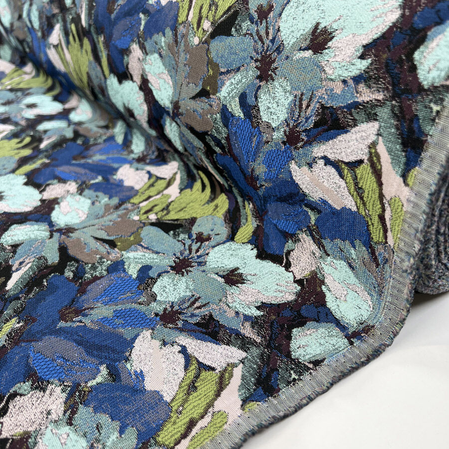 Bridget Brocade Polyester Blue Green Floral Abstract Jacquard Woven Dress Fabric Roll