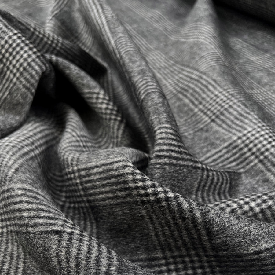 Brushed aldo grey black check wool soft coating fabric cu