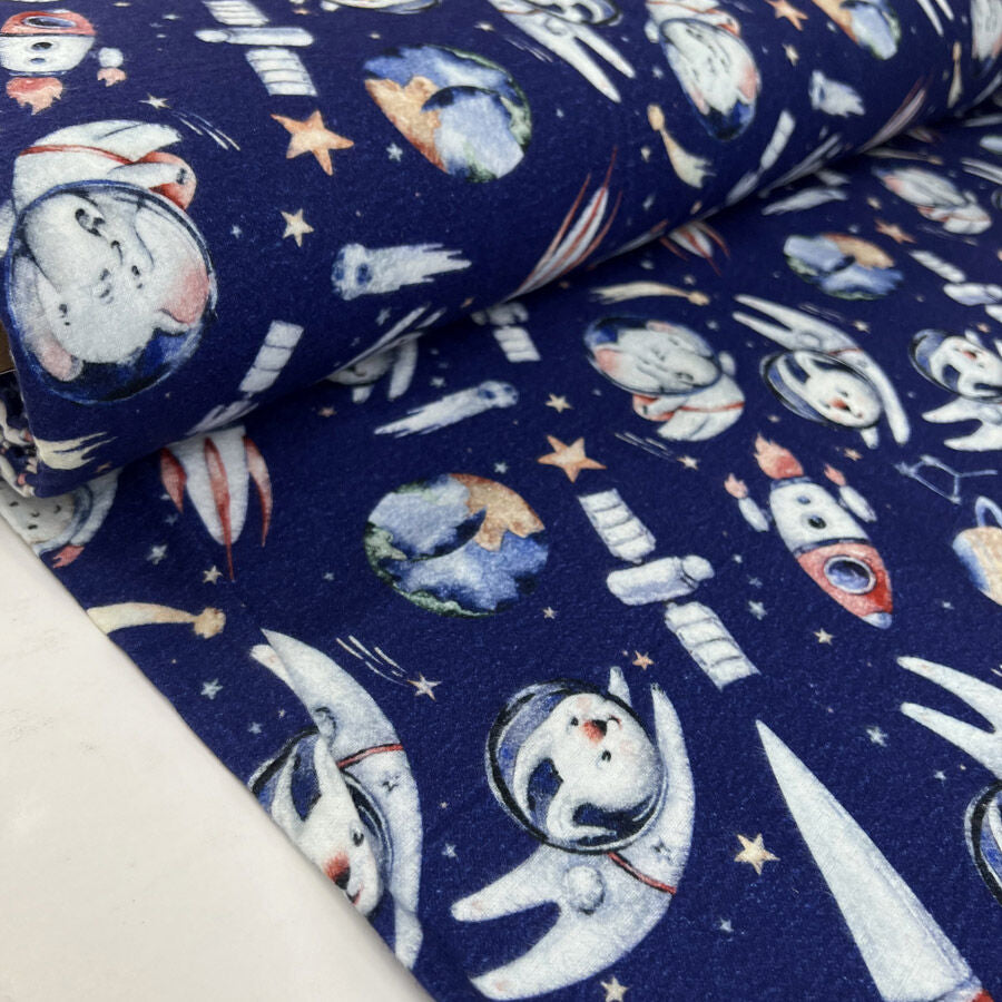 Brushed Cotton Astro Animals Navy Winceyette Digital Print Flannel Fabric Roll