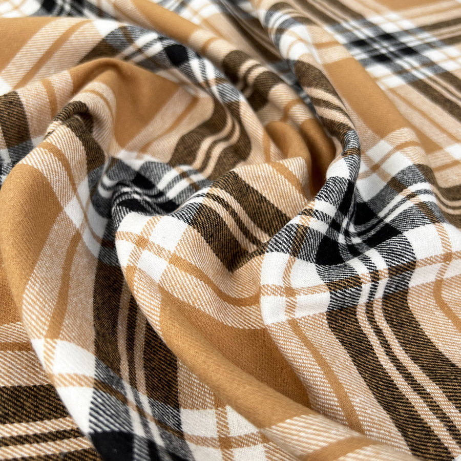 Brushed Cotton Brook Camel Check Plaid Black White Winceyette Flannel Shirtitng Fabric